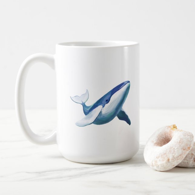 Cute Humpback Whale Swimming Drawing Coffee Mug (With Donut)