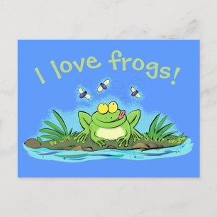 Cute hungry frog with flies cartoon postcard