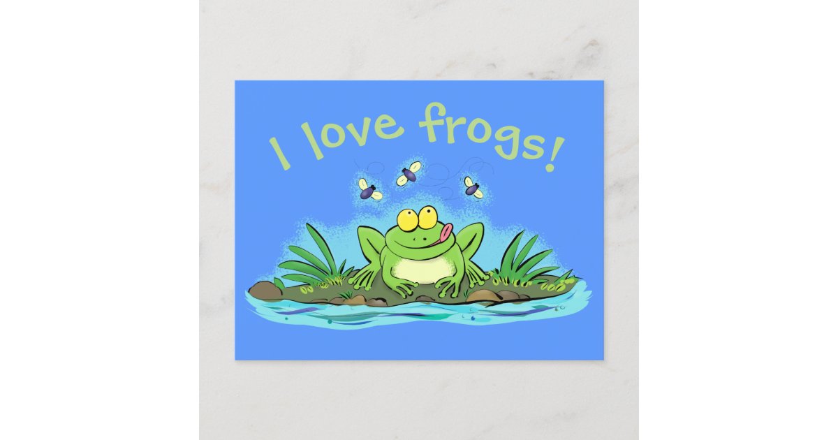Cute hungry frog with flies cartoon postcard | Zazzle