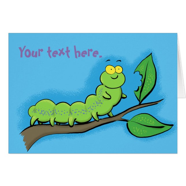 Cute, hungry green caterpillar cartoon. (Front Horizontal)