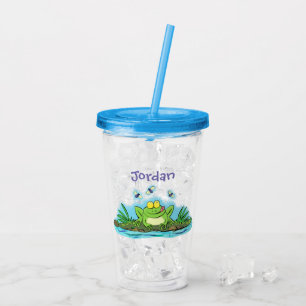 Cute hungry green frog with flies cartoon acrylic tumbler
