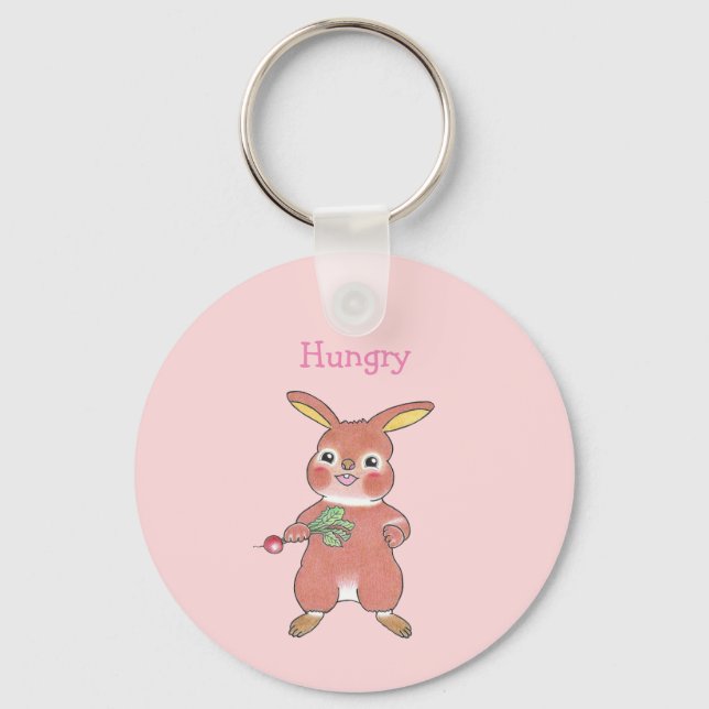 Cute Hungry & Sleepy Bunny Rabbit Pink Keychain (Front)