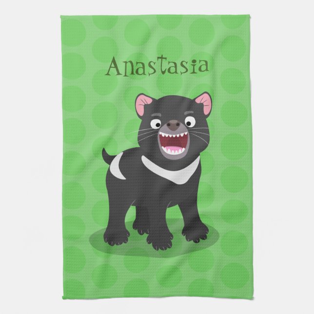 Cute hungry Tasmanian devil cartoon illustration Tea Towel (Vertical)