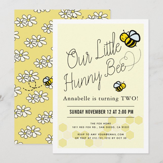 Cute Hunny Bee Yellow Kids Birthday Party Invitation (Front/Back)