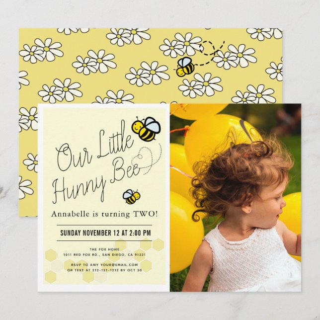 Cute Hunny Bee Yellow Kids Photo Birthday Party Invitation (Front/Back)
