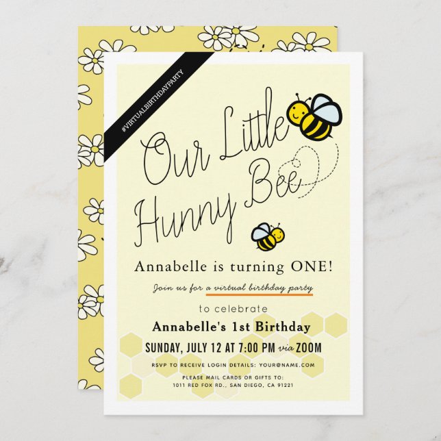Cute Hunny Bee Yellow Virtual 1st Birthday Party Invitation (Front/Back)