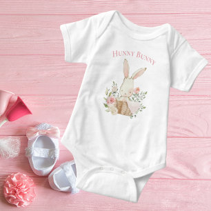Cute Hunny Bunny Typography Rabbit Pink Girl Baby Bodysuit