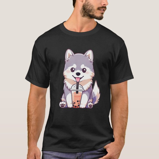 Cute Husky Dog Drinking Bubble Milk Tea  Dog T-Shirt (Front)