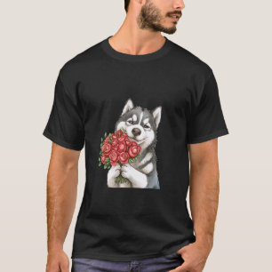 Cute Husky Dog Holding Red Roses Watercolor Art T-Shirt