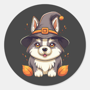 Cute Husky Dog in a Witch'S Hat  Halloween Classic Round Sticker