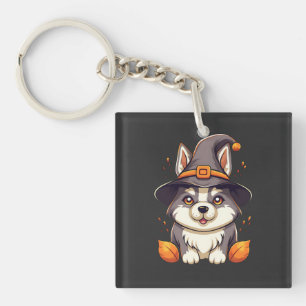 Cute Husky Dog in a Witch'S Hat Halloween Key Ring