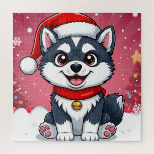 Cute Husky Dog In Santa Hat Christmas Snow Jigsaw Puzzle