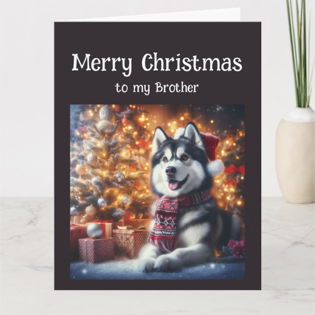 Cute Husky Dog Pet in Christmas Brother Card (Front)