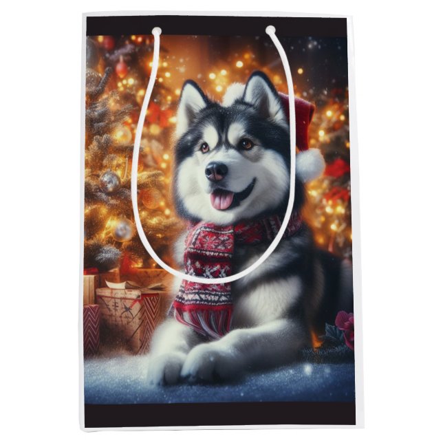 Cute Husky Dog Pet in Christmas Scene Medium Gift Bag (Front)