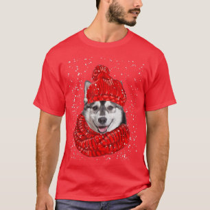 Cute Husky Dog Xmas Hat Scarf Merry Christmas Snow T-Shirt