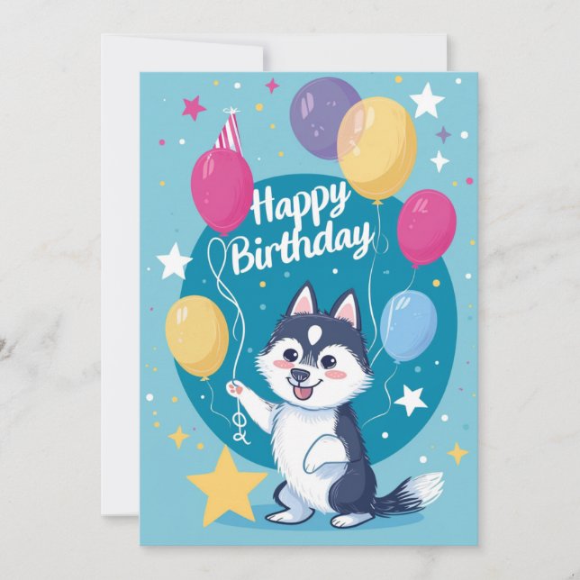 Cute Husky Happy Birthday  Holiday Card (Front)