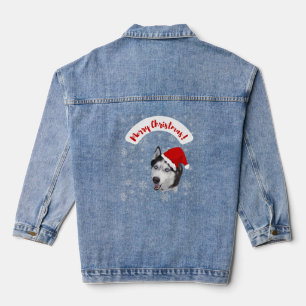 Cute Husky in Santa Claus Red Hat Denim Jacket