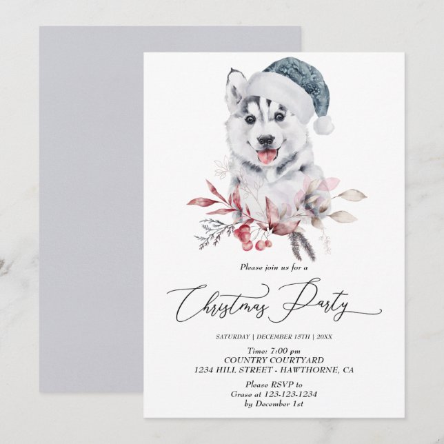 Cute husky puppy Christmas Party Winter Invitation (Front/Back)