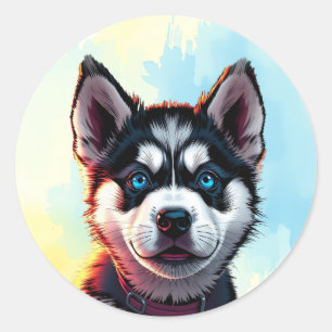 Cute Husky Puppy Dog Illustration  Classic Round Sticker