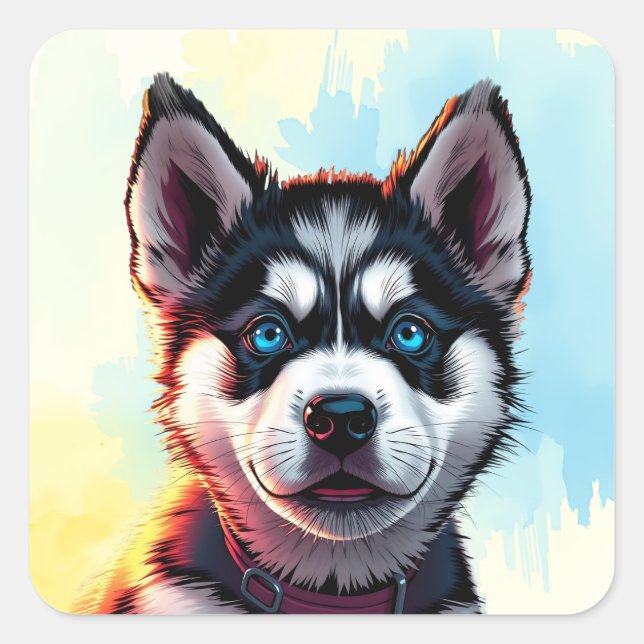 Cute Husky Puppy Dog Illustration  Square Sticker (Front)