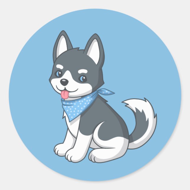 Cute Husky Puppy Dog on Blue Classic Round Sticker (Front)