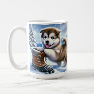 Cute Husky Puppy Playing in Snowy Winter Landscape Coffee Mug