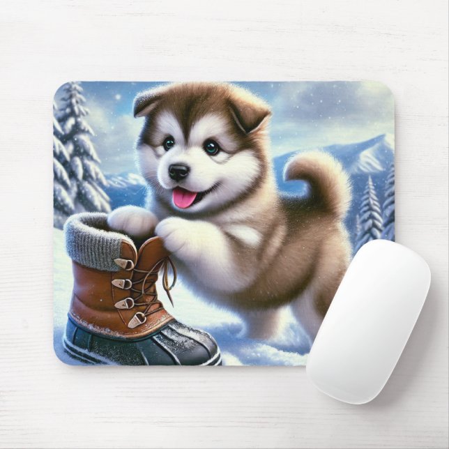 Cute Husky Puppy Playing in Snowy Winter Landscape Mouse Mat (With Mouse)