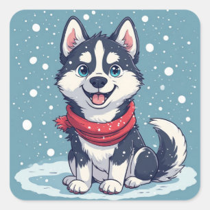 Cute Husky Puppy Wearing Red Scarf In Winter Snow Square Sticker