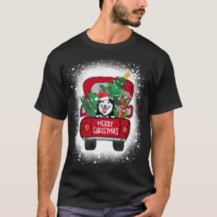 Cute Husky Red Truck Merry Christmas Bleached T-Shirt