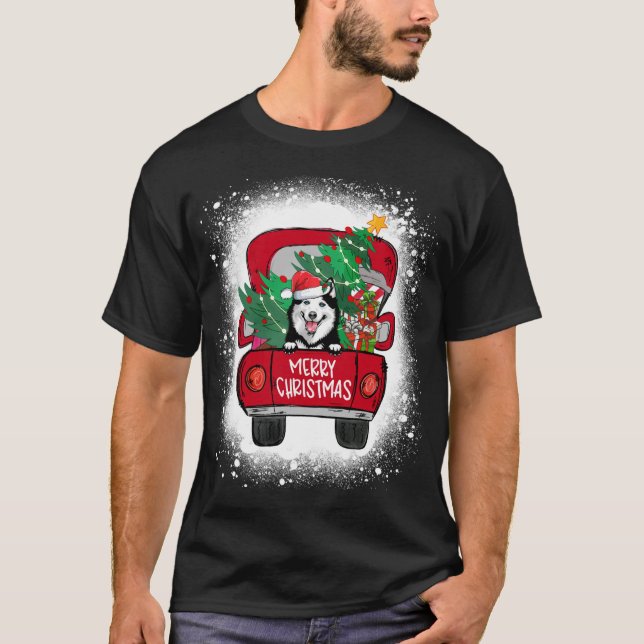 Cute Husky Red Truck Merry Christmas Bleached T-Shirt (Front)
