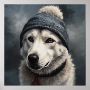 Cute husky wearing blue winter hat  poster