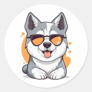 Cute Husky Wearing Sunglasses Classic Round Sticker