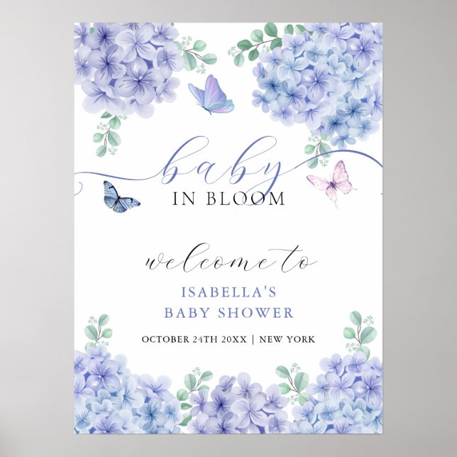 Cute Hydrangea Floral Garden Baby Shower Welcome Poster (Front)