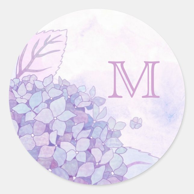 Cute Hydrangeas Wedding Favour Monogram Classic Round Sticker (Front)