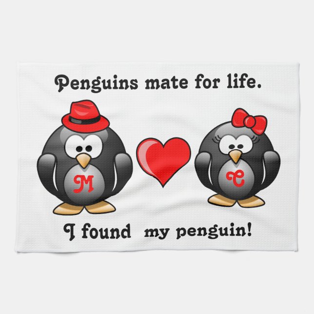 Cute I Found My Penguin Mate for Life Red Heart Tea Towel (Horizontal)