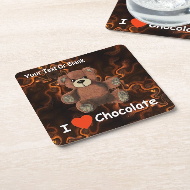 Cute I Heart (Love) Chocolate Teddy Bear Square Paper Coaster (Angled)