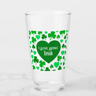 Cute I Love Being Irish Hearts and Shamrocks Green Glass