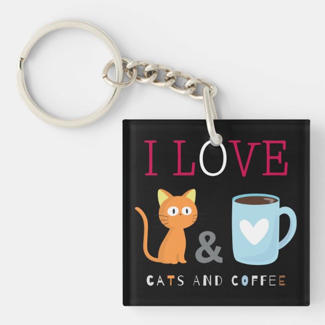  Cute I Love Cats and Coffee Black Key Ring (Front)
