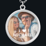 Cute I Love Heart Photo Couples Personalised Name Silver Plated Necklace<br><div class="desc">Cute I Love Heart Photo Couples Personalised Name Necklace features your favourite photo with the text "I (love heart) add name" in modern white script. Personalise by editing the text in the text box provided and adding your own picture. Perfect gifts for couples, girlfriend, wife, sweetheart and more for birthday,...</div>