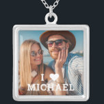 Cute I Love Heart Photo Couples Personalised Name Silver Plated Necklace<br><div class="desc">Cute I Love Heart Photo Couples Personalised Name Necklace features your favourite photo with the text "I (love heart) add name" in modern white script. Personalise by editing the text in the text box provided and adding your own picture. Perfect gifts for couples, girlfriend, wife, sweetheart and more for birthday,...</div>