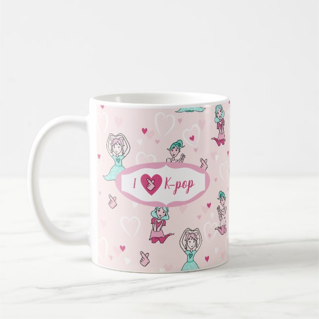Cute I Love K-pop Girls Teal Pink Heart Coffee Mug (Left)