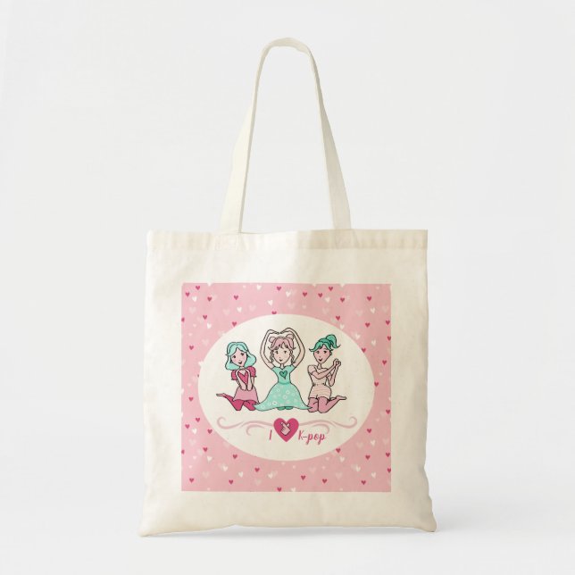 Cute I Love K-pop Girls Teal Pink Heart Tote Bag (Front)