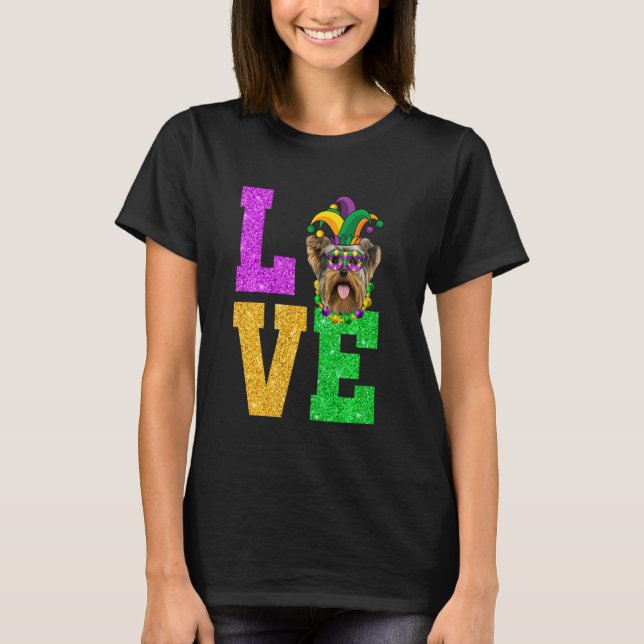 Cute I Love Mardi Gras Yorkshire Terrier Dog Puppy T-Shirt (Front)