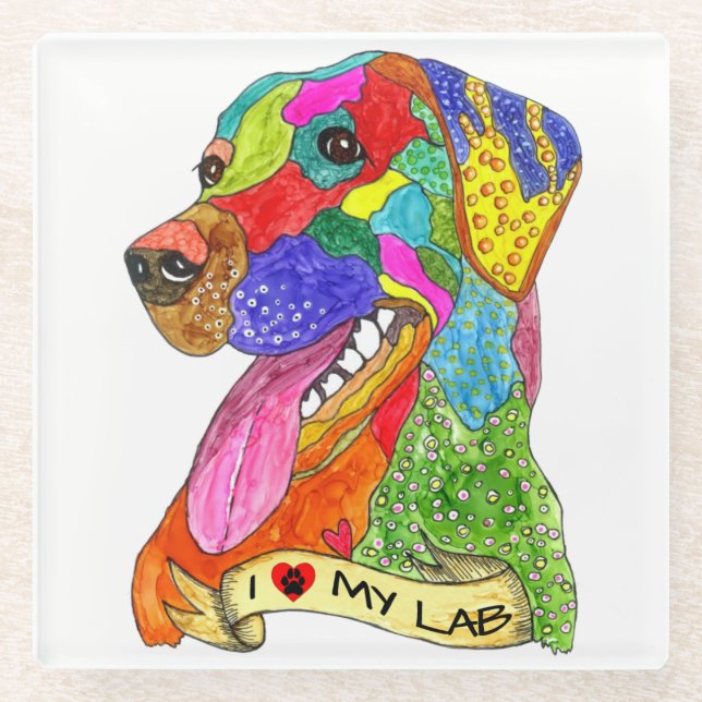 Cute I Love My Labrador Dog Glass Coaster (Front)
