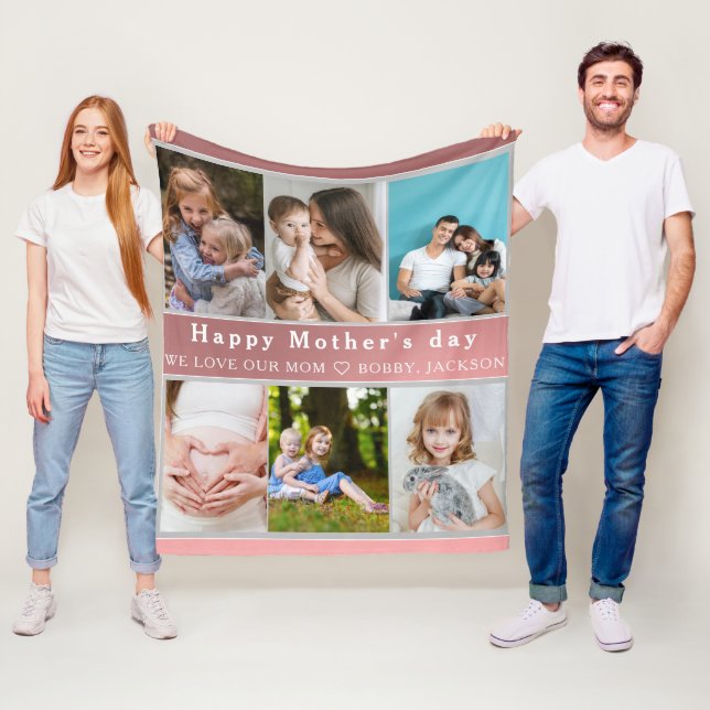 Cute I LOVE YOU MOM Happy Mother Day Photo Collage Fleece Blanket (In Situ)