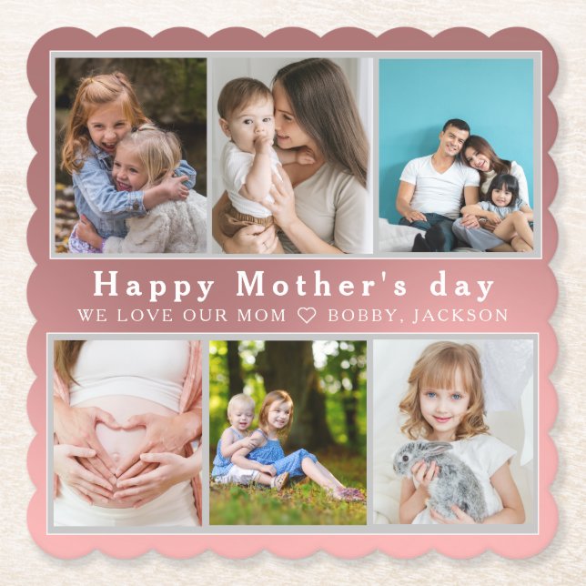 Cute I LOVE YOU MOM Happy Mother Day Photo Collage Paper Coaster (Front)