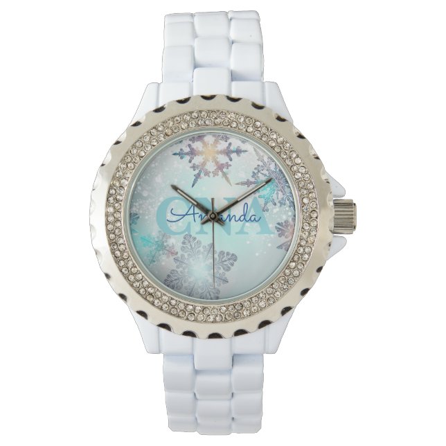 Cute Ice Blue Snowflake Personalised Name CNA  Watch (Front)