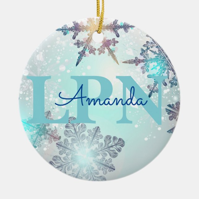 Cute Ice Blue Snowflake Personalised Name LPN  Ceramic Tree Decoration (Front)