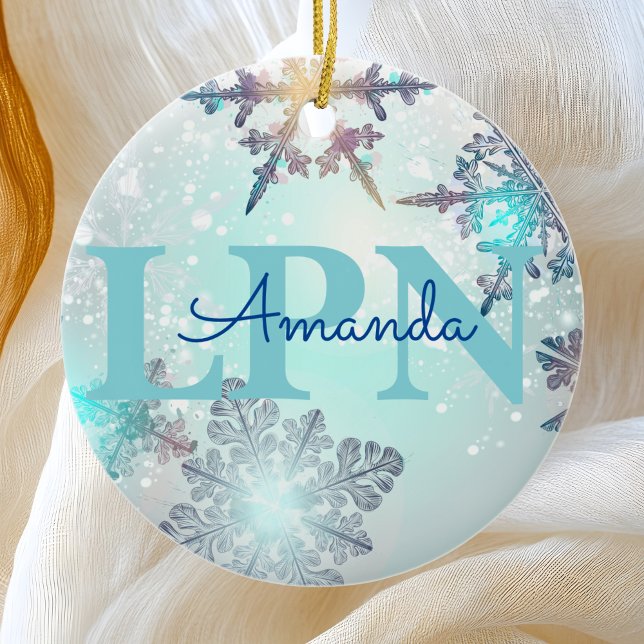 Cute Ice Blue Snowflake Personalised Name LPN  Ceramic Tree Decoration (Creator Uploaded)