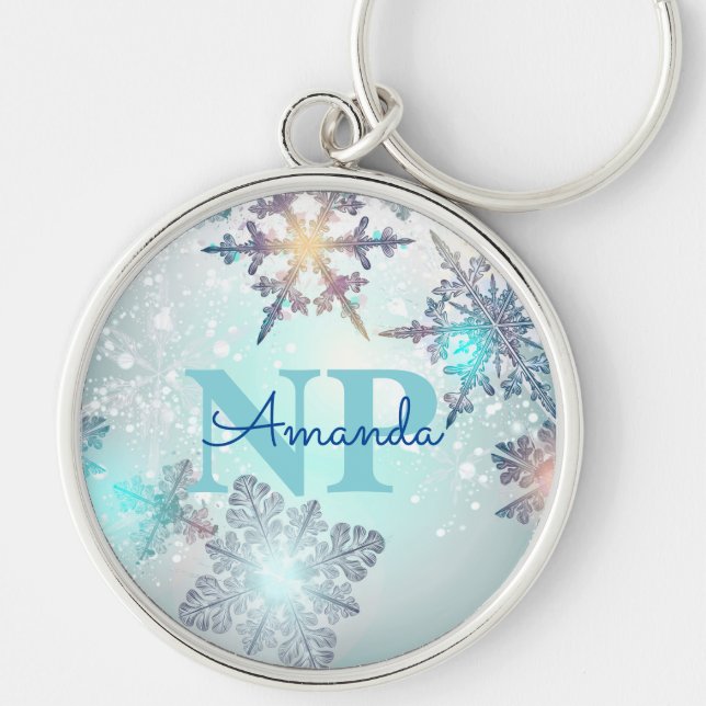 Cute Ice Blue Snowflake Personalised Name NP Nurse Key Ring (Front)